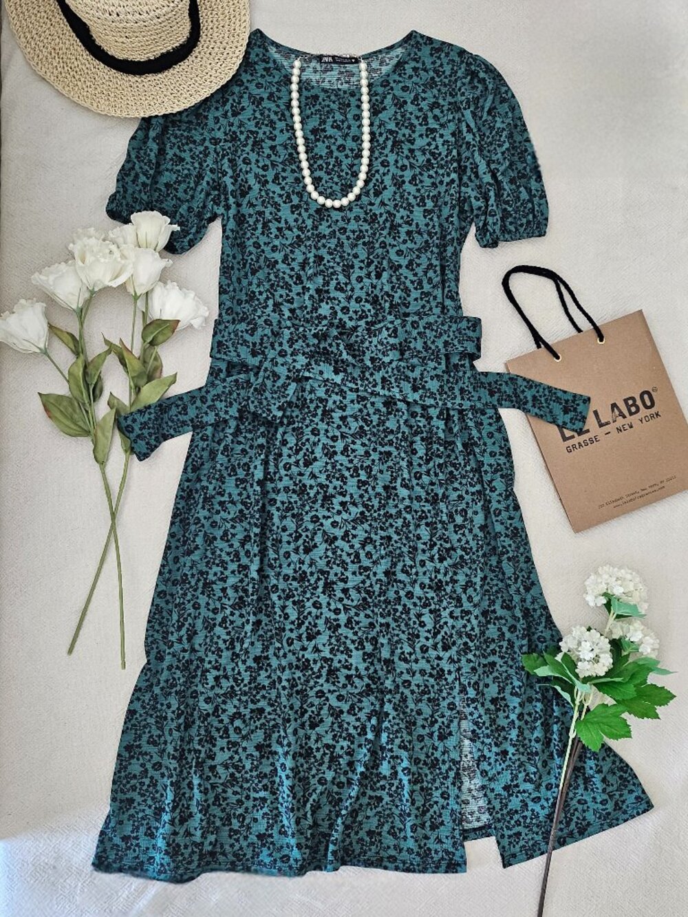 ZARA Green Floral Puff Sleeve Midi Dress with Slit - L